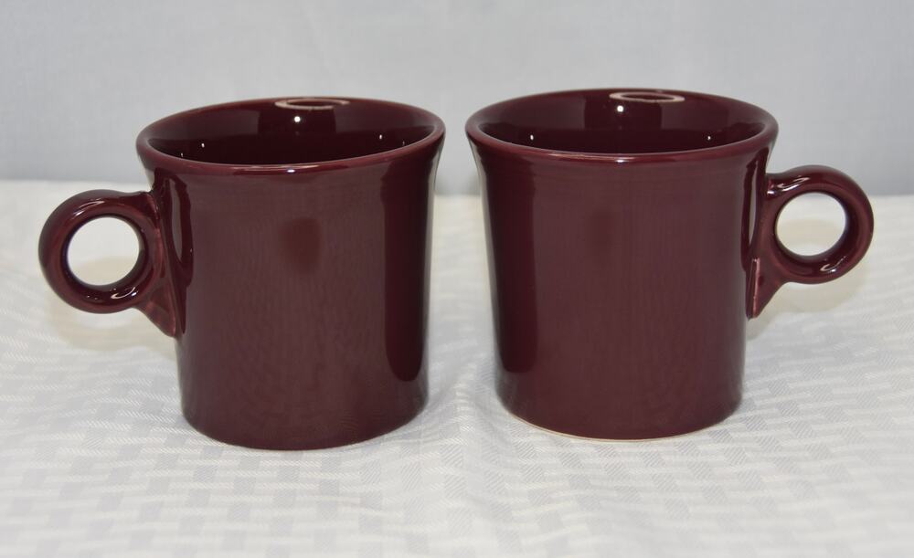 HCL Fiesta Wear Burgundy Claret Ring Handle Flat Coffee Tea Mug 2pc Set